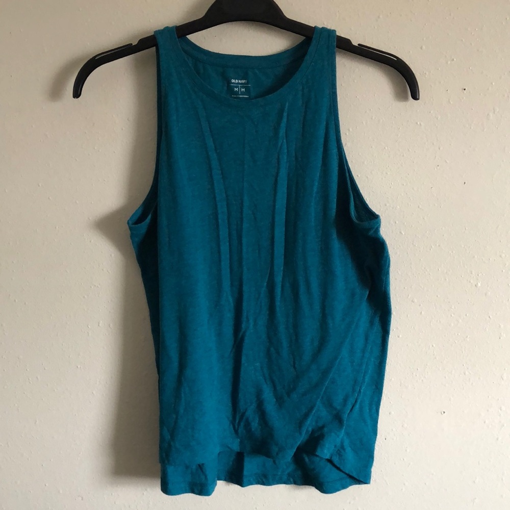 Teal high low plain high neck tank